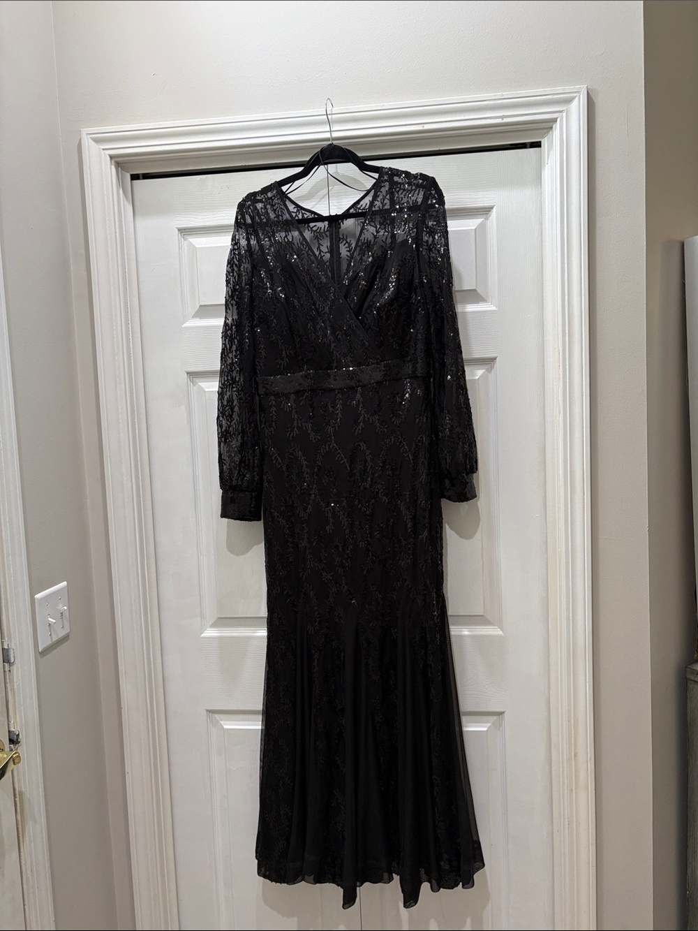 R&M Richards Black Long Sleeve Sequin Wrap-Style Evening Gown